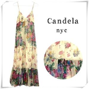 CANDELA NYC Floral 100% Silk Chiffon Tiered Maxi Dress in Cream Ivory